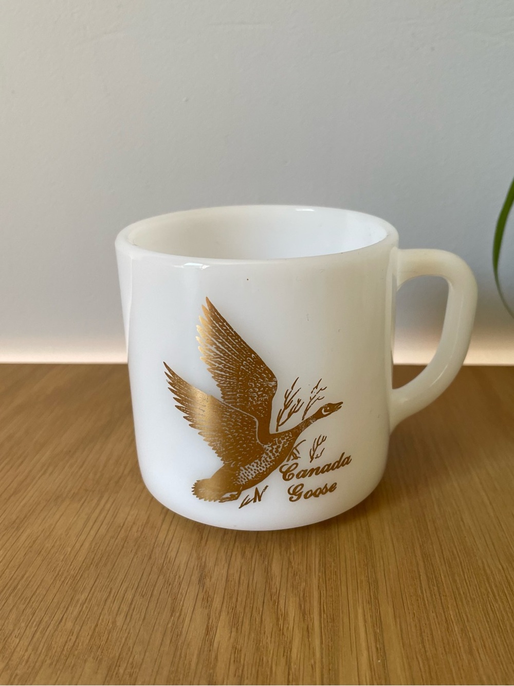 Vintage MCM Federal Glass Canada Goose Gold Duck White Milk Glass Mug 1960s